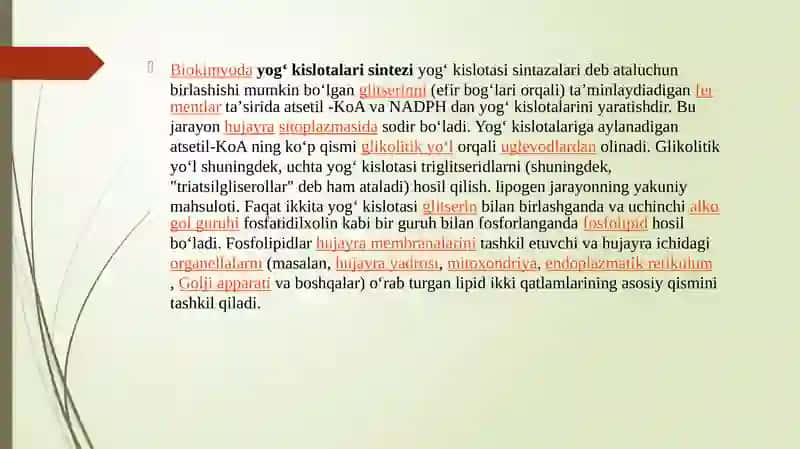 Yog’ kislotalarini B-oksidlanishi. Energiya balansi. Lipidlarning biosintezi 3