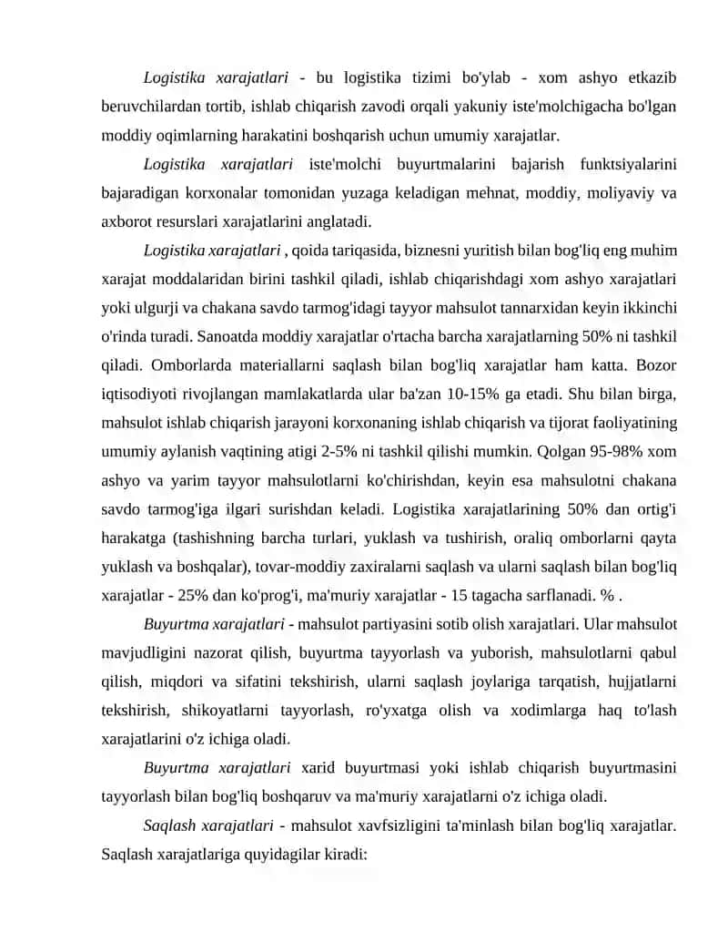 Transportda logistika xarajatlari 3