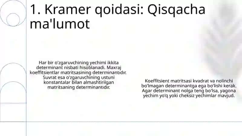 Chiziqli tenglamalar sistemasini yechishda kramer qoidasi 3