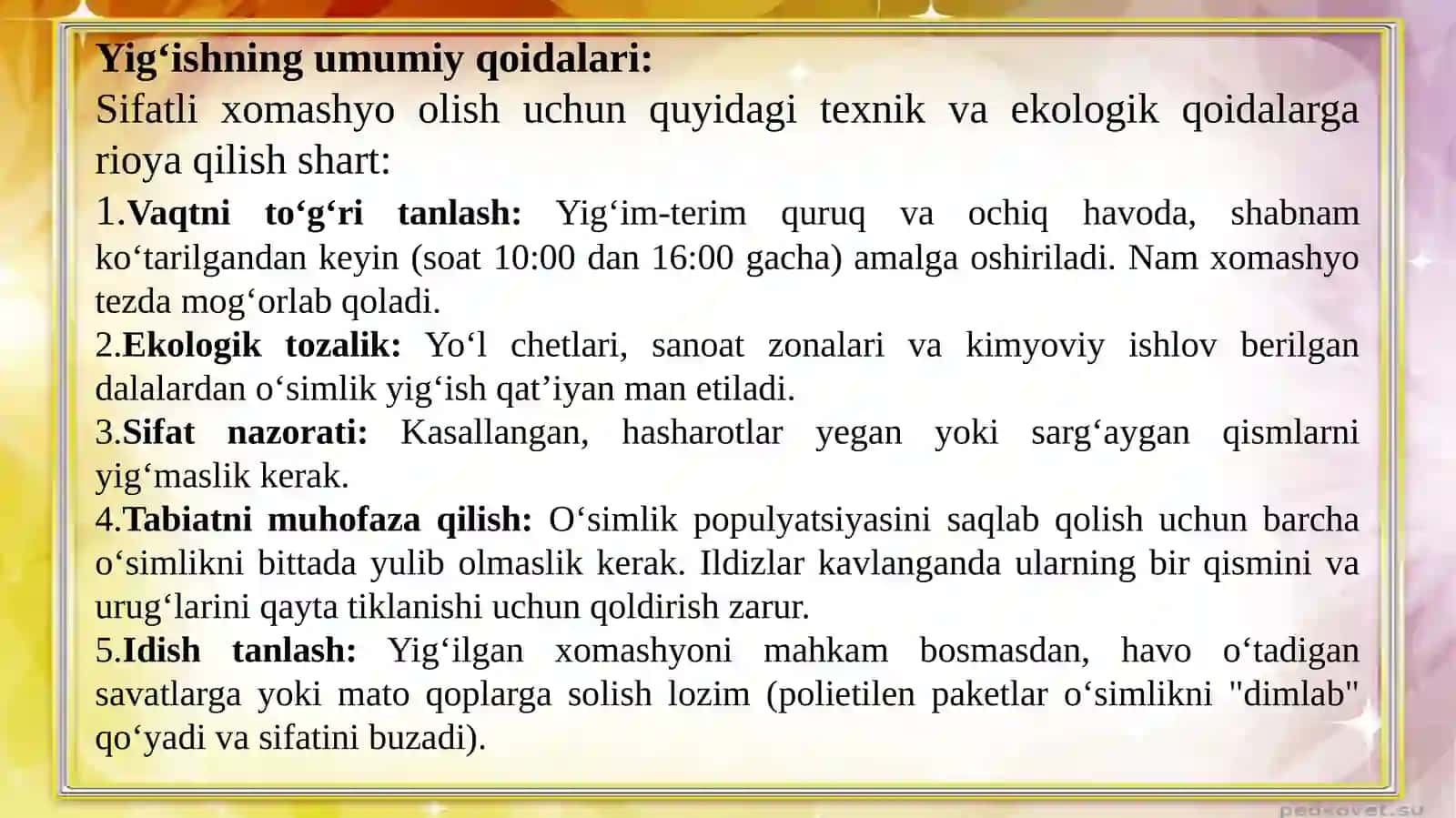 Dorivor oʻsimlik xom-ashyolarini tayyorlash,quritish va saqlash 3