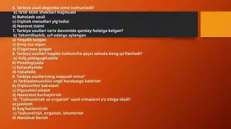 Tarbiyaviy ishlar metodikasi fanidan test 3