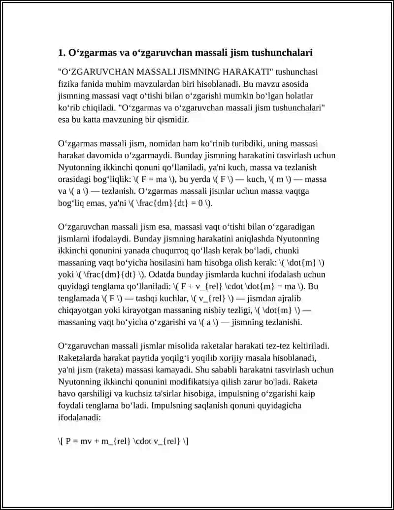 OʻZGARUVCHAN MASSALI JISMNING HARAKATI 3