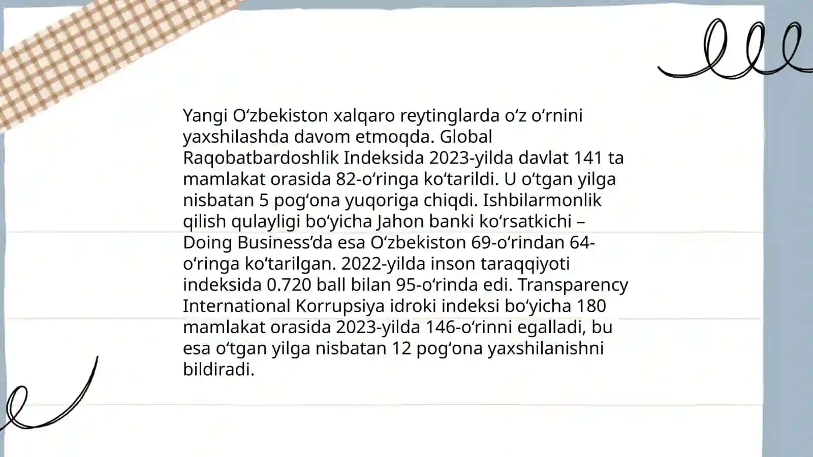Yangi Oʻzbekistonning xalqaro reytinglarda oʻrni 3