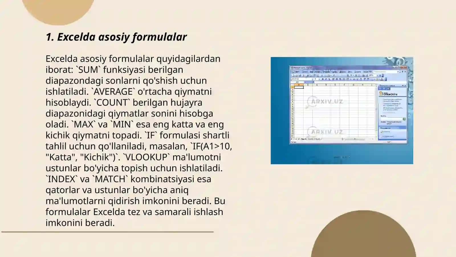 Microsoft Excelda elektron jadvadlar yaratish. Funksiya va formulalar 3
