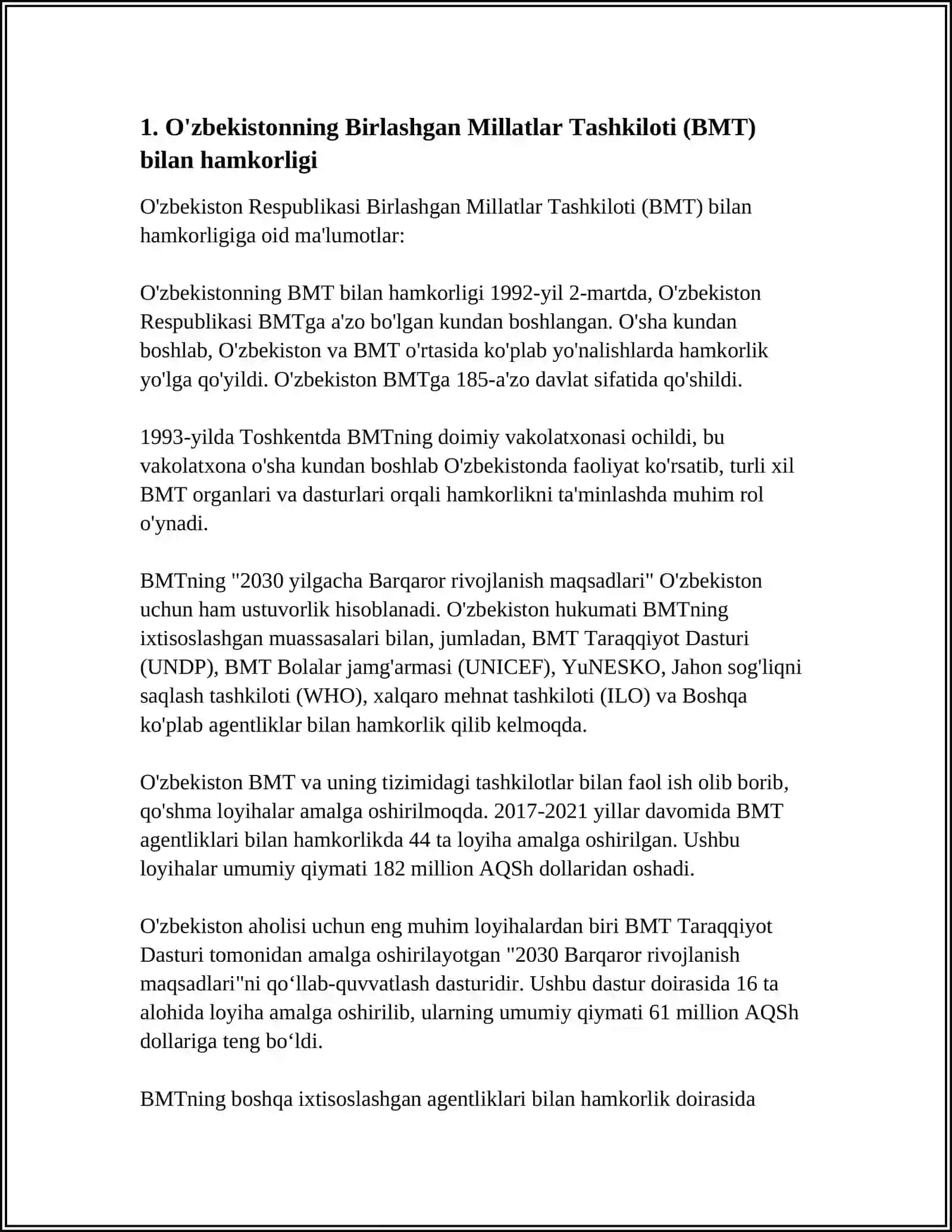 O'ZBEKISTONNING XALQARO TASHKILOTLAR BILAN XALQARO HAMKORLIK ALOQALARI 3