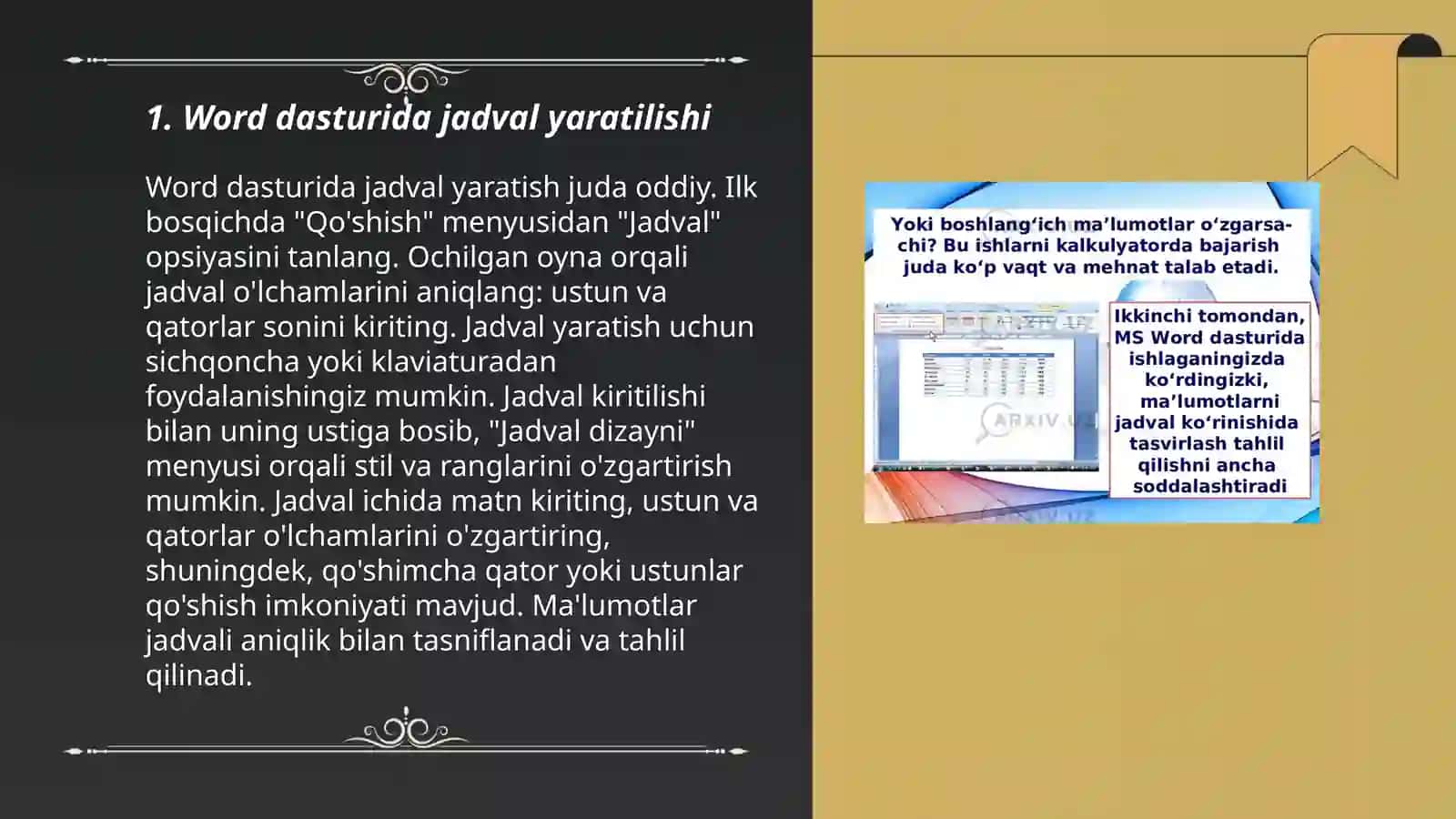 Wordda jadval,grafiklar bilan ishlash,sahifa parametrlarini sozlash 3