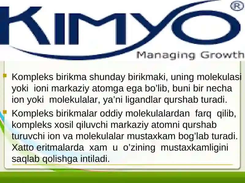 Kompleks birikmalarning izomeriyasi va ishlatilishi. 3