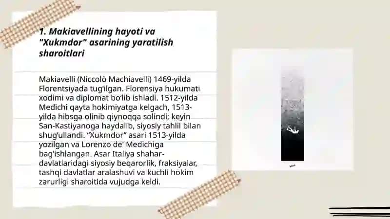 Makiavellining "Xukmdor" asari bo`yicha Taqdimot taqdimot tayyorlash 3