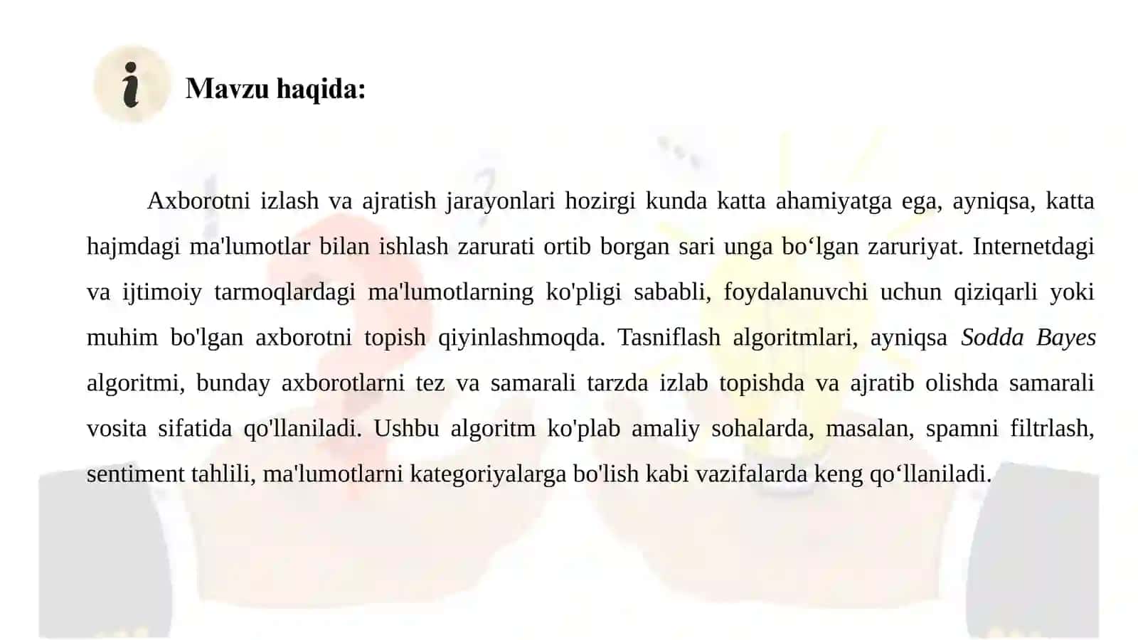 AXBOROTNI IZLASH VA AJRATISHDA SODDA BAYES ALGORITMLARI 3