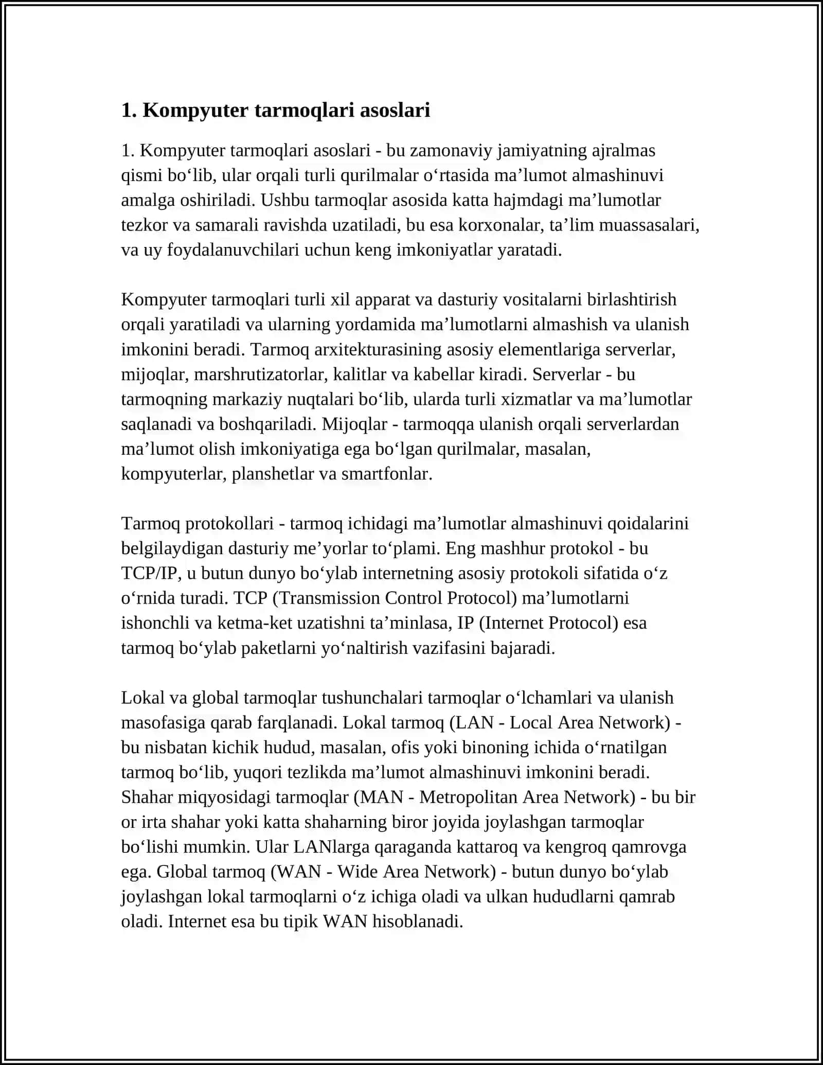 Kompyuter tarmoqlari va tarmoq texnologiyalari 3