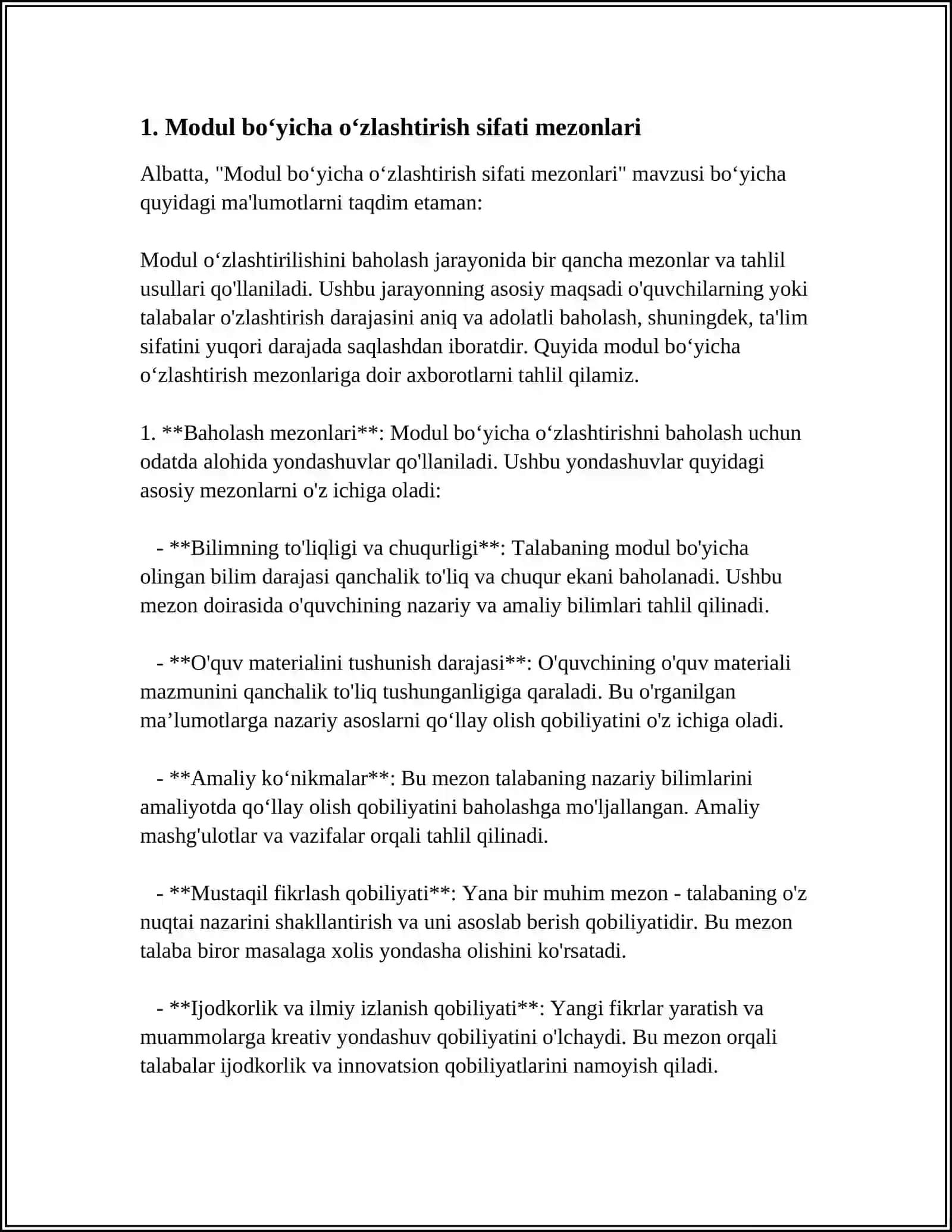Modul boʻyicha oʻzlashtirish sifati mezonlari 3