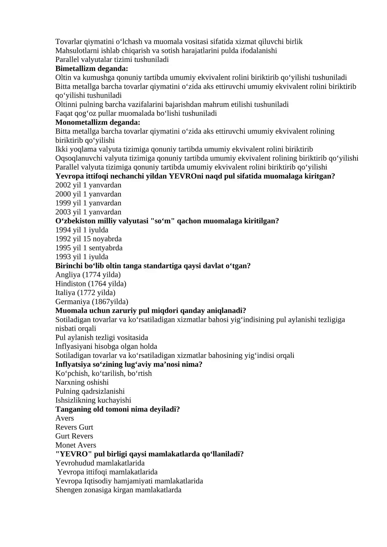 “PUL VA BANKLAR” FANIDAN TEST SAVOLLARI 3