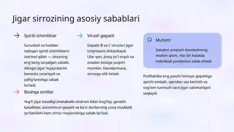 Jigar sirrozi: Belgilari, Asoratlari va Davolash 3