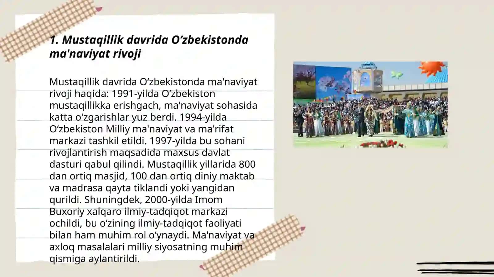 Mustaqillik yillarida Oʻzbekistondagi ma'naviy va madaniy taraqqiyot 3