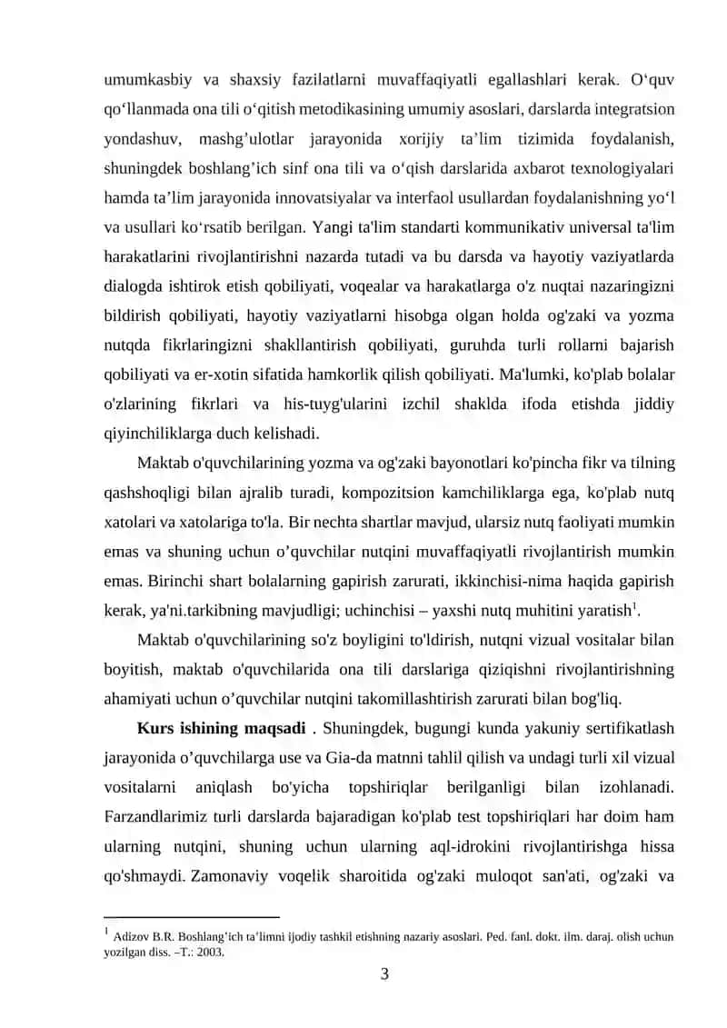 ONA TILI O’QITISH METODIKASI DARS MASHG’ULOTLARIDA O’QUVCHILARNING O’QIB, ESHITIB TUSGUNISH, OG’ZAKI VA YOZMA NUTQ MALAKASINI SHAKLLANTIRISH 3