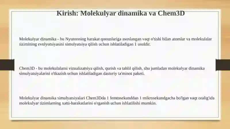 Chem 3D dasturida molekuyar dinamikani hisoblash 3