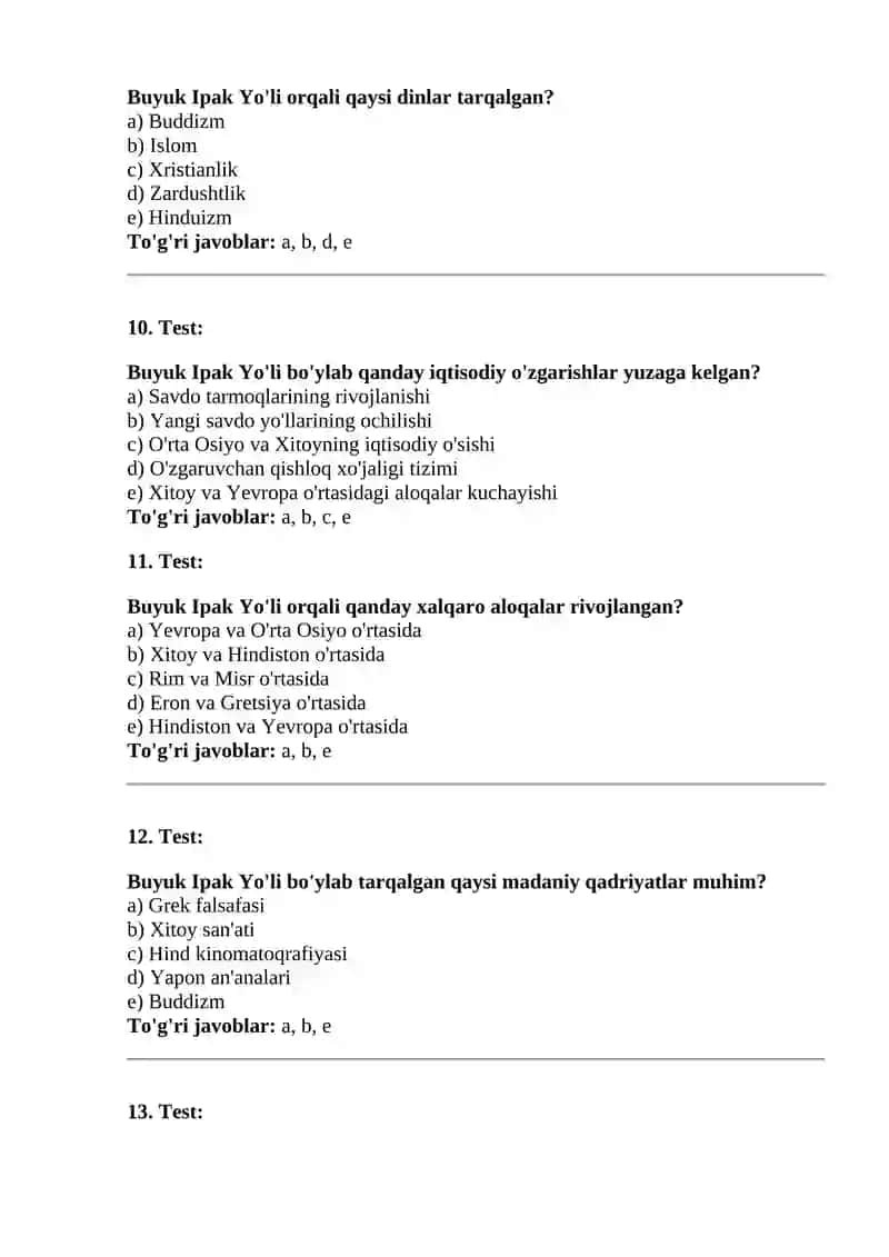 Buyuk Ipak Yo'li test savollari . javobi bilan 3