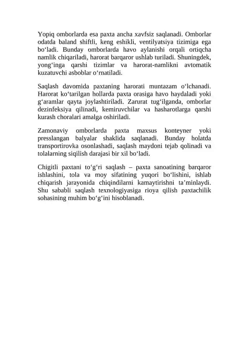 Chigitli paxta xom-ashyosini saqlash omborlari va usullari. 3