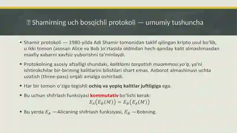 Shamirning uch bosqichli shifrlash protokoli 3