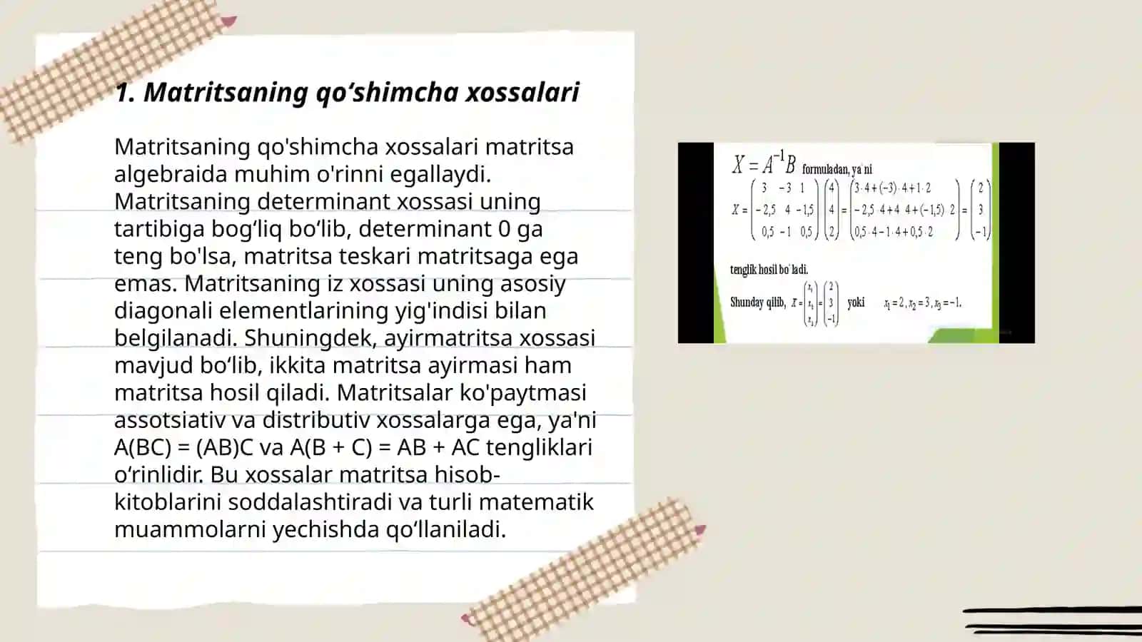 Matritsaning qoʻshimcha xossalari 3