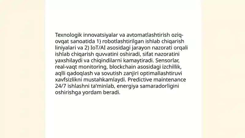 Oziq ovqat sanoatining oʻzgarishining yoʻllar va usullari 3