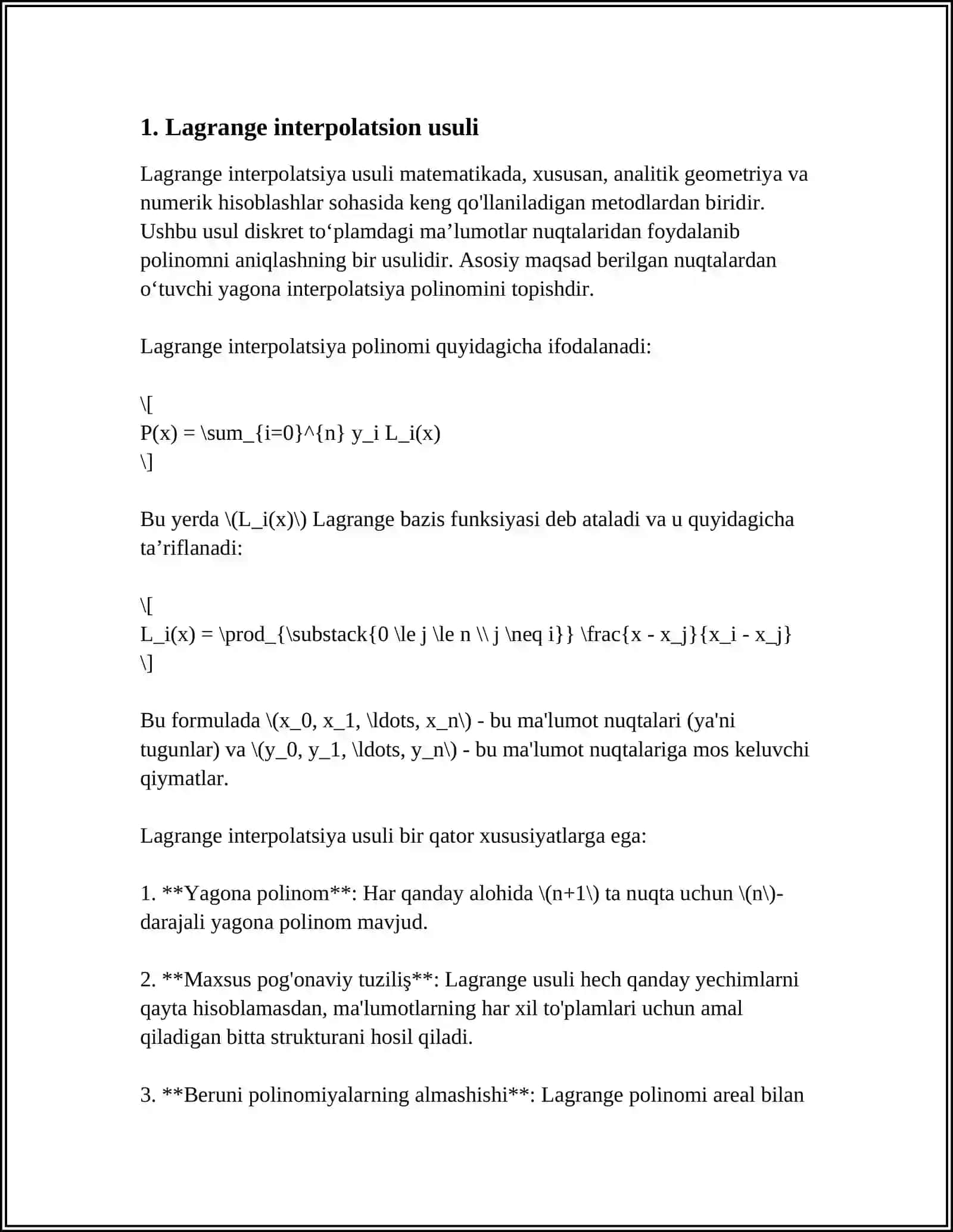 LAGRANJ INTERPOLYATSION KOʻPHADI PYTHON KODI 3