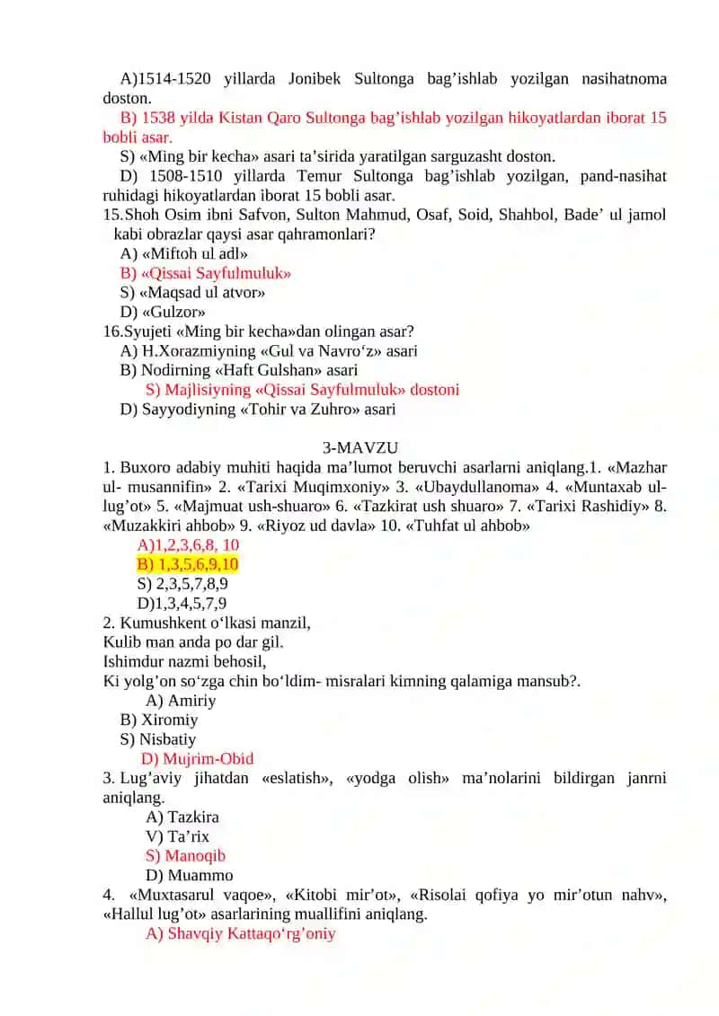 O‘ZBEK ADABIYOTI TARIXI TEST SAVOLLARI 3