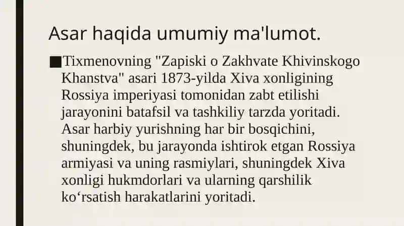 "Nikolay Ivanovich Tixmenovning Zapiski o Zakhvate Khivinskogo Khanstva" 3
