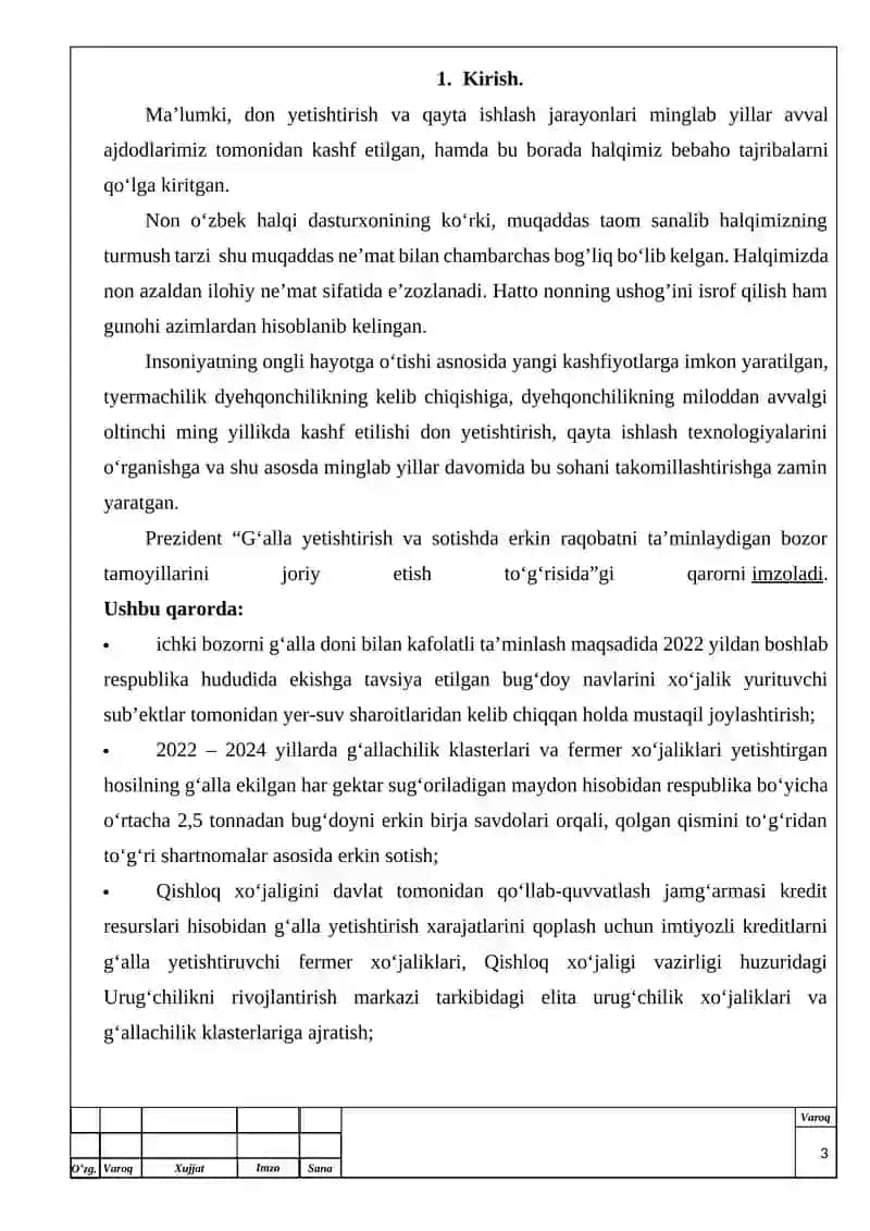 vati 360 t/kun bo‘lgan tegirmonda 2- navli 78% (Oliy hamda 1-nav) un ishlab chiqarish texnologiyasini tashkil etish. (Oqlash uskunasi) mavzusidagi bitiruv malakaviy ishining 3