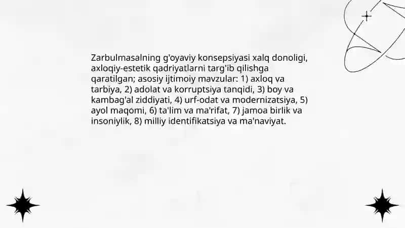 Zarbulmasalning g'oyaviy badiiy xususiyatlari 3