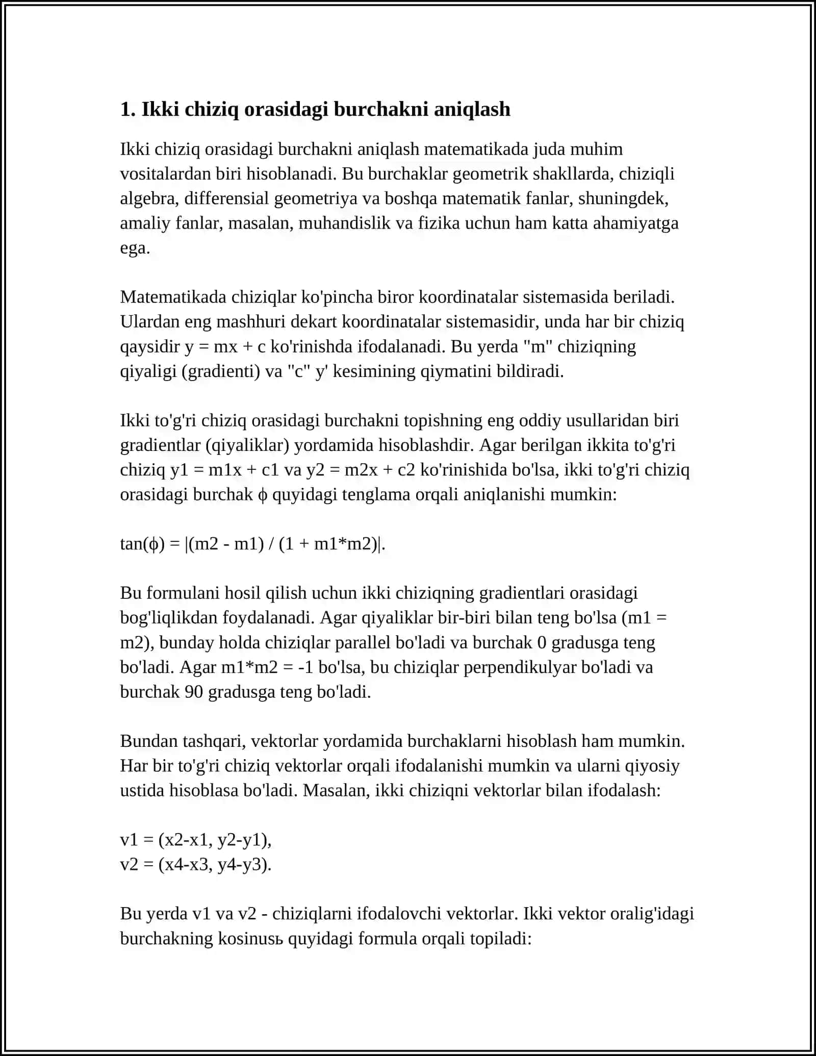 IKKI CHIZIQ ORASIDAGI BURCHAK, UNI HISSOBLASH 3