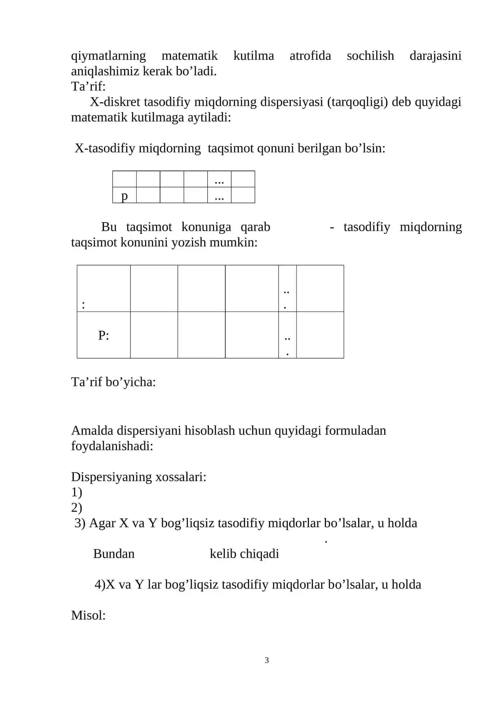 O‘rtacha qiymat. Matematik kutilish. Dispersiya 3