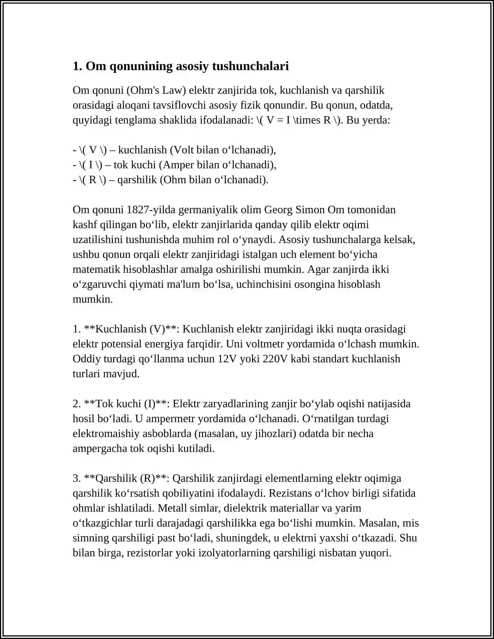 ZANJIRNING BIR QISMI UCHUN OM QONUNI. INDUKTIV, AKTIV, SIG'IM QARSHILIKLAR 3