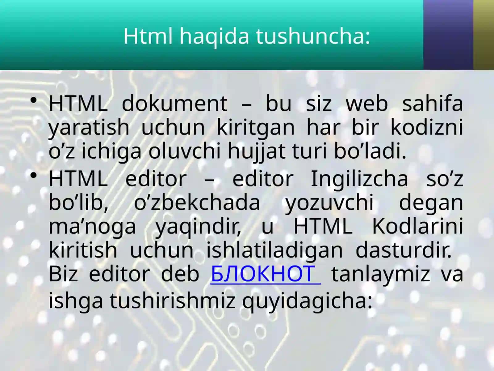 HTML tilida matn, rang, jadval va rasmlar bilan ishlovchi teglar. HTMLda turli ro’yhatlar hosil qilish. 3