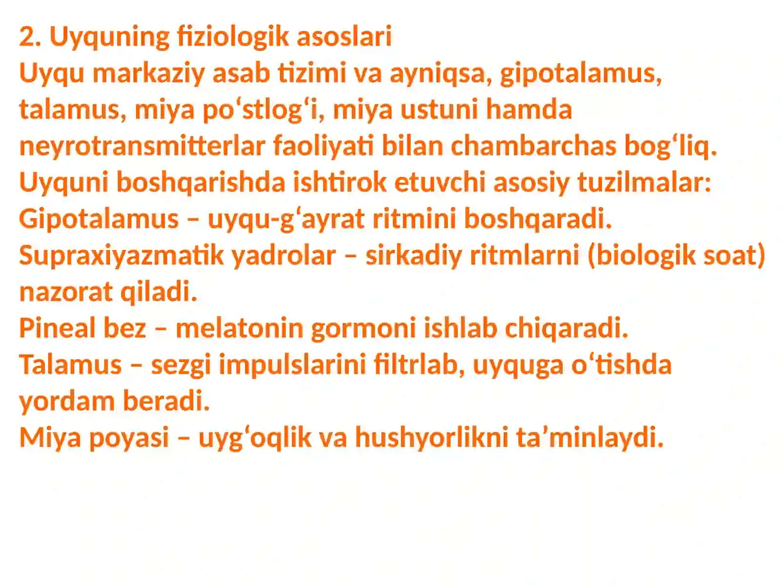 Uyqu va uyqu fiziologiyasi. Uyquning inson salomatligida tutgan oʻrni 3