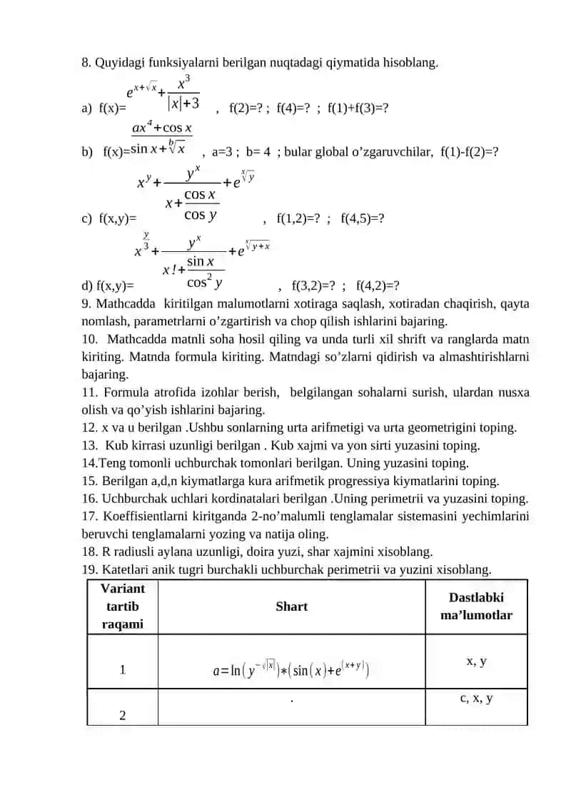 1-Amaliy mashg’ulot. Amaliy dasturlar yordamida muhandislik masalalarini matematik modellarini yaratish (MathCAD) 3