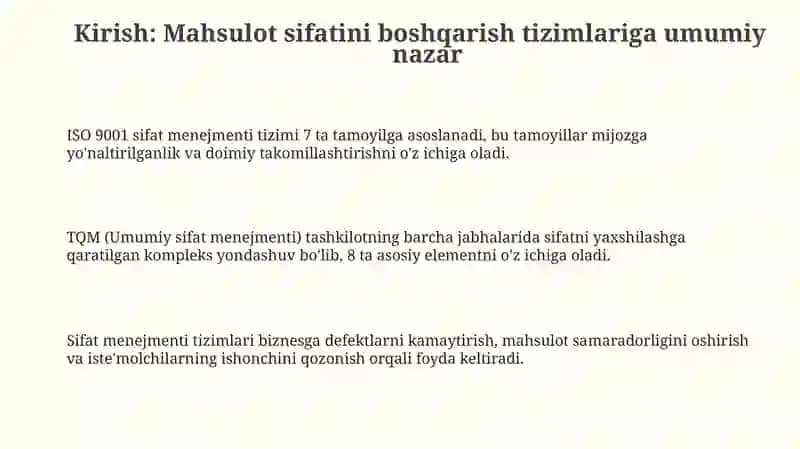Mahsulotsifatiniboshqarishtizimlari(ISO 9001, TQM)vaularningamaliyqollanilishi 3