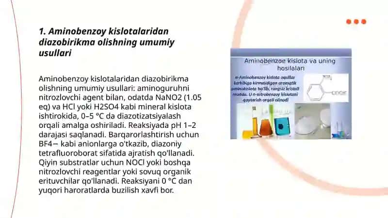 Aminobenzoy kislotalari asosida diazobirikmalar sintezi va xossalari 3