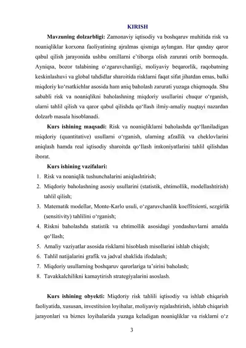 "RISK VA NOANIQLIKNI BAHOLASHNING MIQDORIY USULLARI" KURS ISHI 3