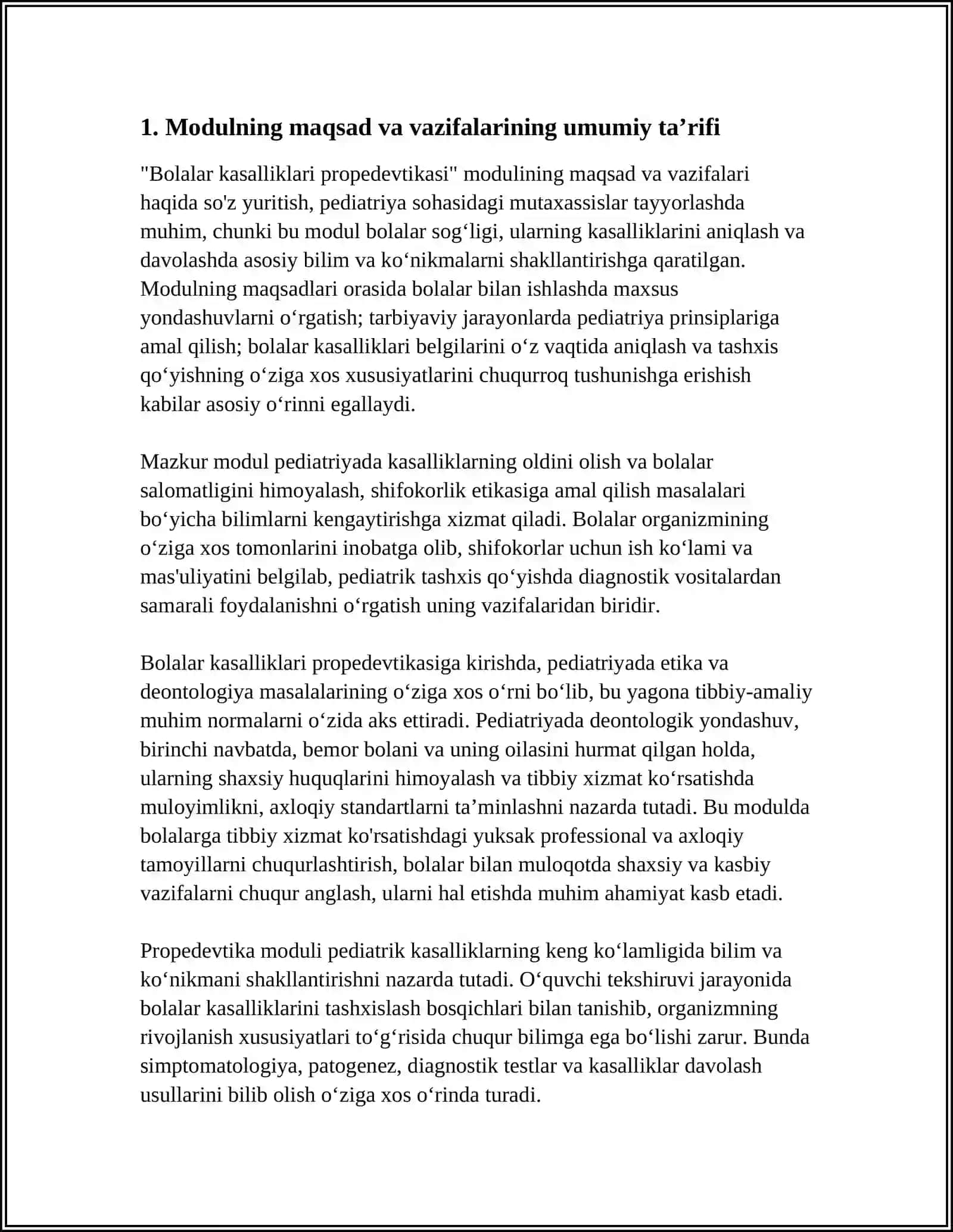 BOLALAR KASALLIKLARI PROPEDEVTIKASI MODULIGA KIRISH MADULNING MAQSAD VA VAZIFALARI. PEDIATRIYADA ETIKA VA DEONTOLOGIYA MASALARLARI 3
