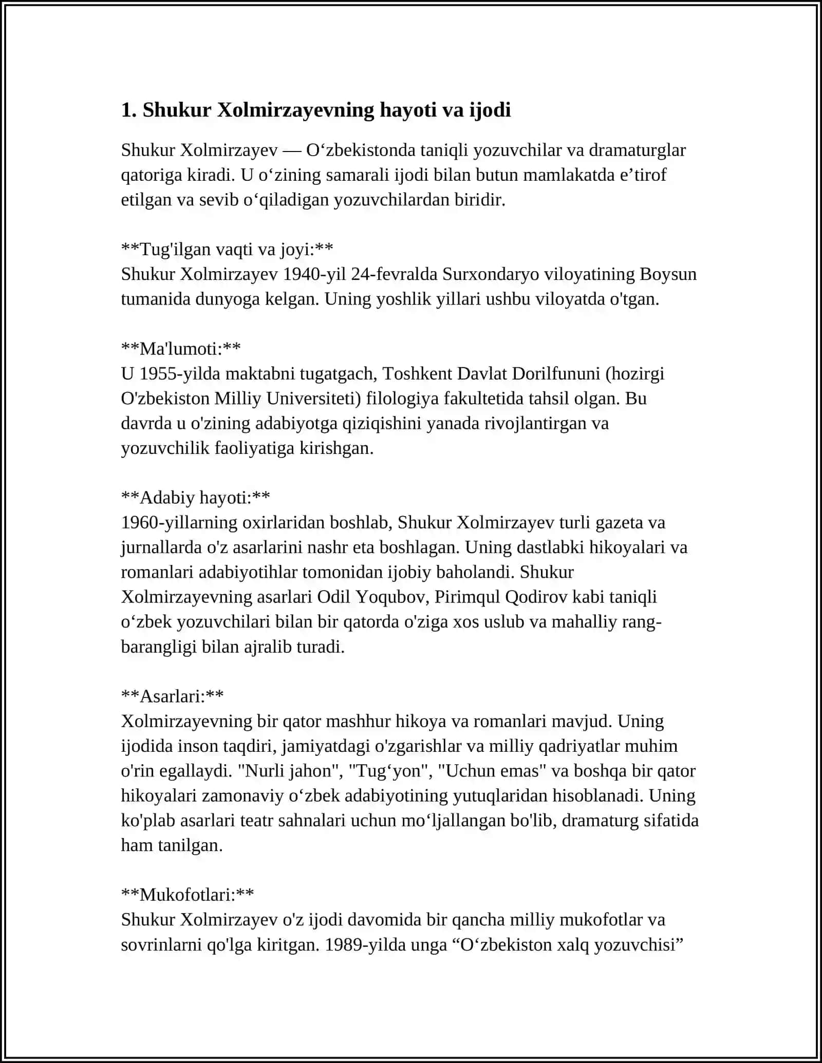 SHUKUR XOLMIRZAYEV HIKOYALARI HAQIDA 3