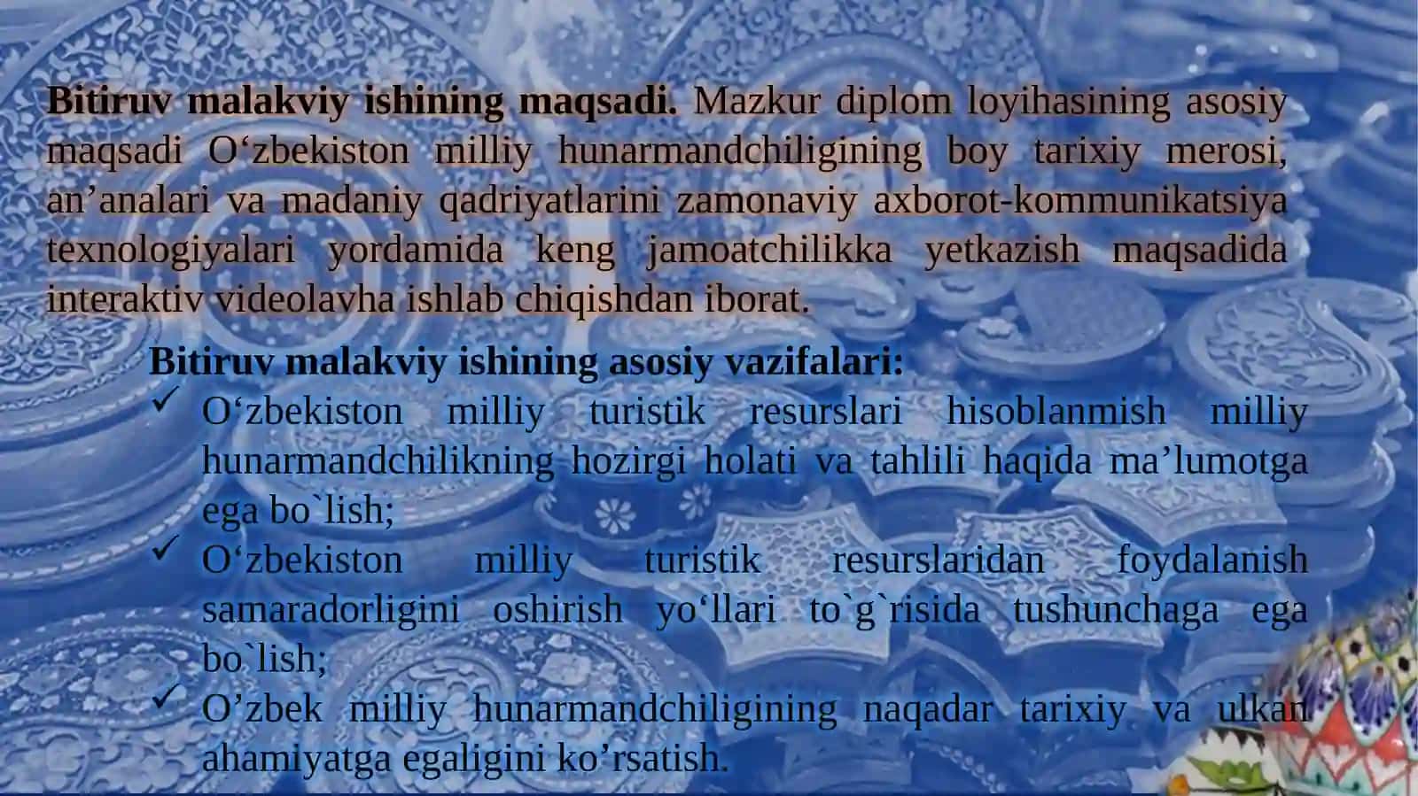 OʻZBEKMILLIY HUNARMANDCHILIGINI AKS ETTIRUVCHI INTERAKTIV VIDEOLAVHA ISHLAB CHIQISH 3