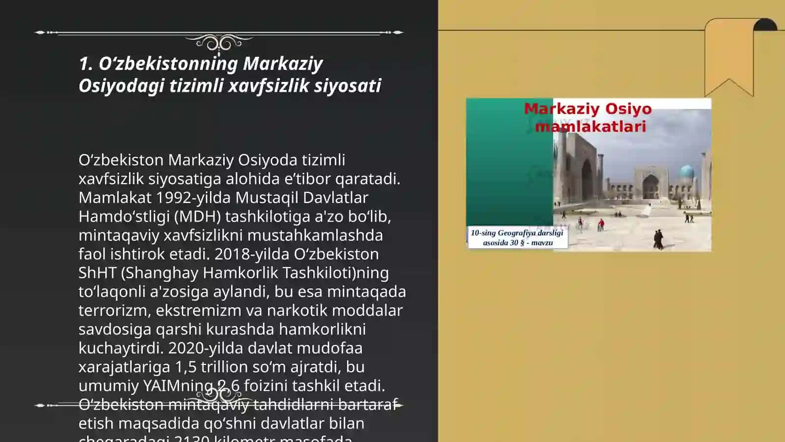 Oʻzbekistonning Markaziy Osiyoda tinchlik va barqarorlikni taʼminlashda oʻrni Ismoilova Fazilat FARAB 2421 - guruh 3