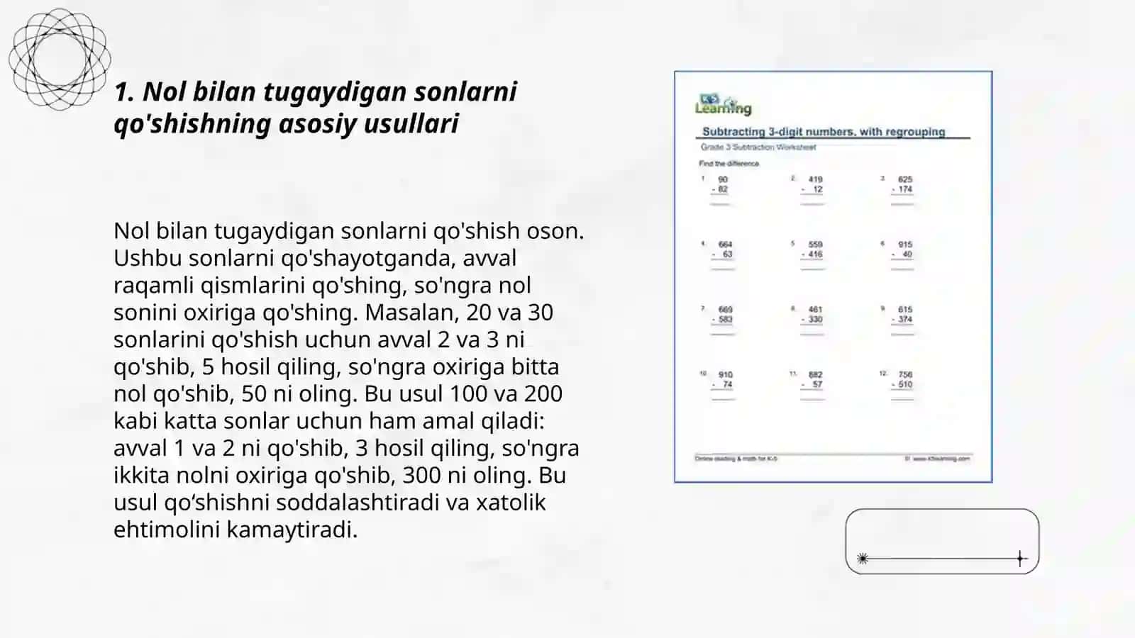 Nol bilan tugaydigon sonlarni qo'shish va ayrish metodikasi 3