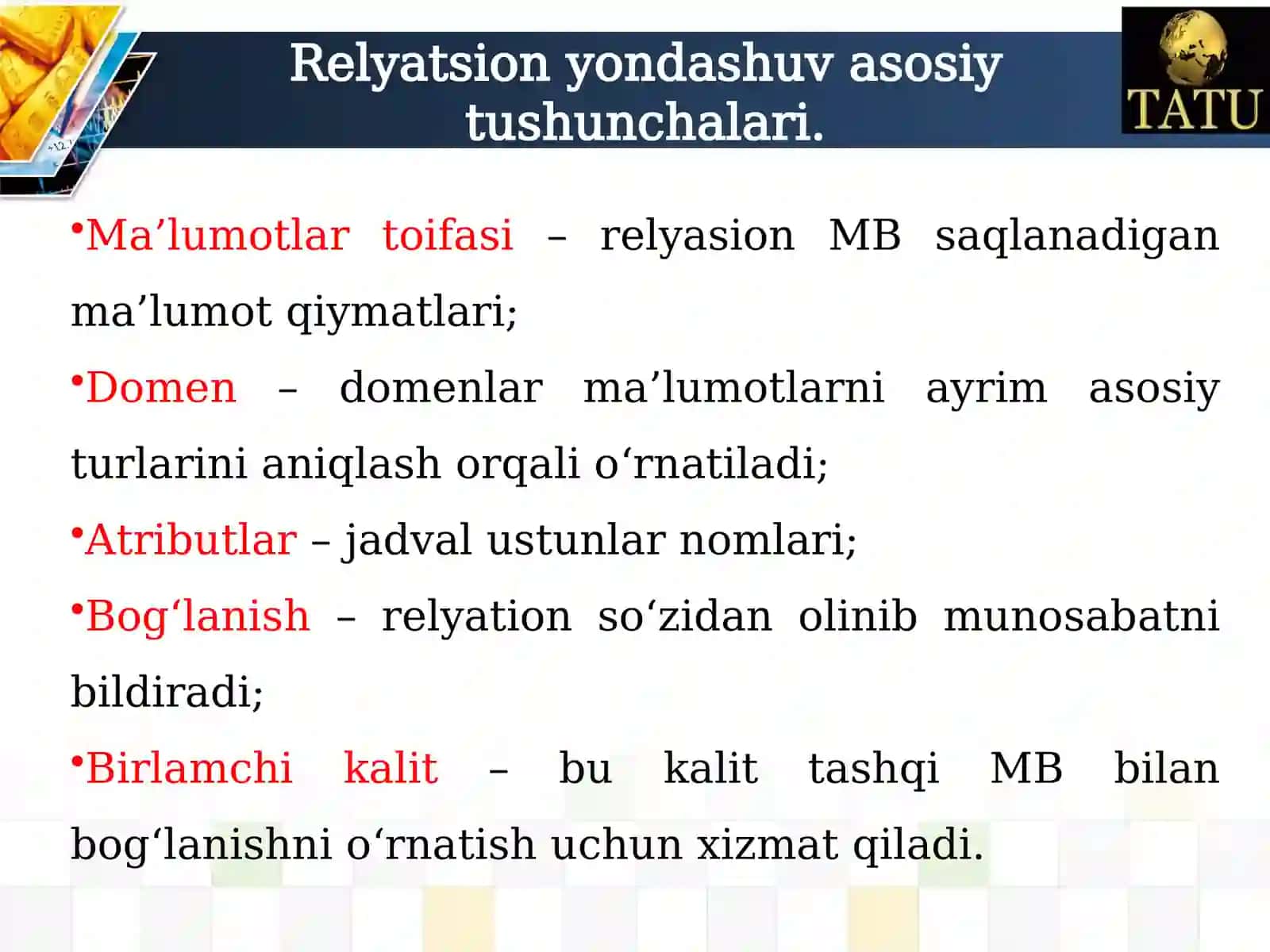 Web serverlarda ma’lumotlar modeli. Relyatsion ma’lulotlar bazasida munosabatlar 3
