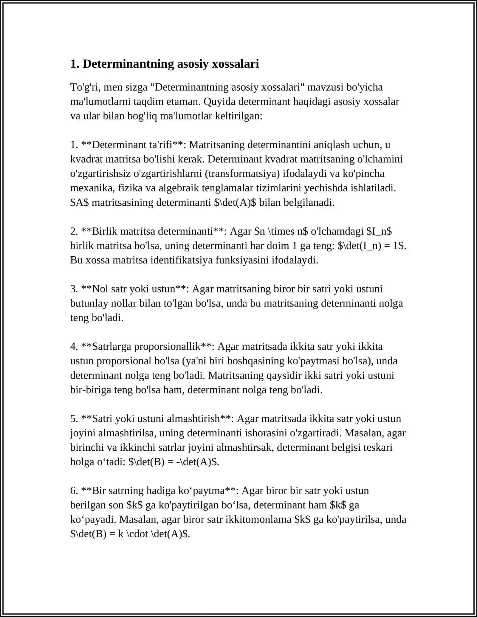 DETERMINANT VA MATRITSALARNING QO'SHIMCHA XOSSALARI.TESKARI MATRITSA 3