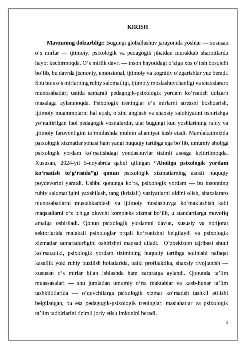 O’SMIRLAR BILAN O’TILADIGAN TRENINGLAR 3