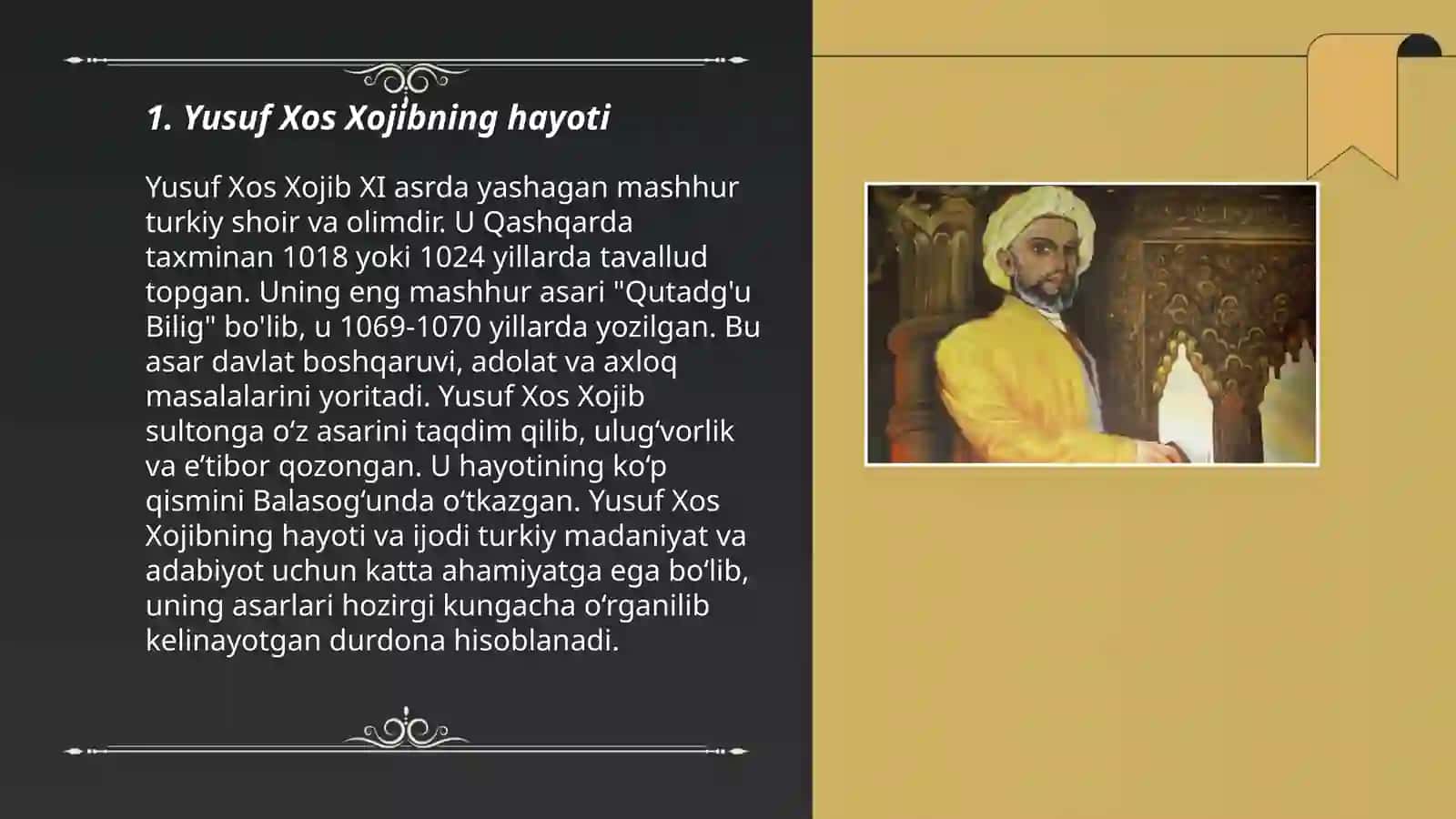 Yusuf Xos Xojib haqida slayd tayyorlash 3