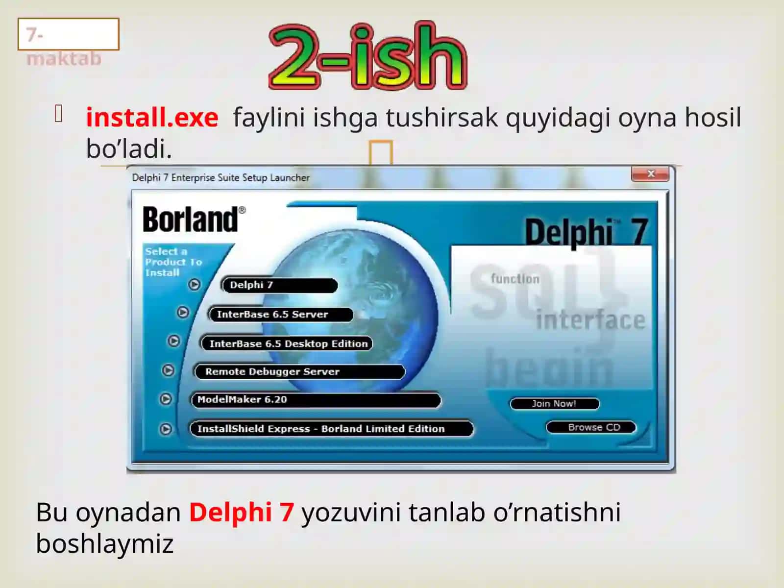 Delphi 7 yozuvini tanlashni o'rganamiz 3