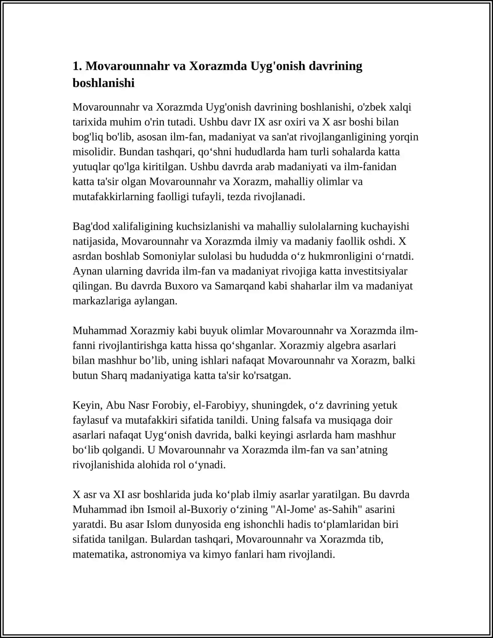 IX-XII ASRLARDA MAMLAKATIMIZ HUDUDIDA RO'Y BERGAN MADANIY UYG'ONISH (RENESSANS). BUYUK ALLOMALARNING JAHON SIVILIZATSIYASIGA QO'SHGAN HISSASI 3
